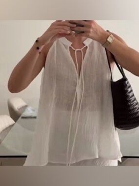 Zara White Sheer Sleeveless Tie-Neck Blouse